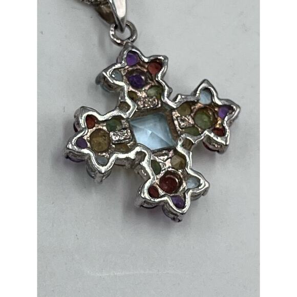 Sterling Silver Multi Color Gemstones Signed Cross Pendant Necklace Garnet Topaz - Picture 11 of 13